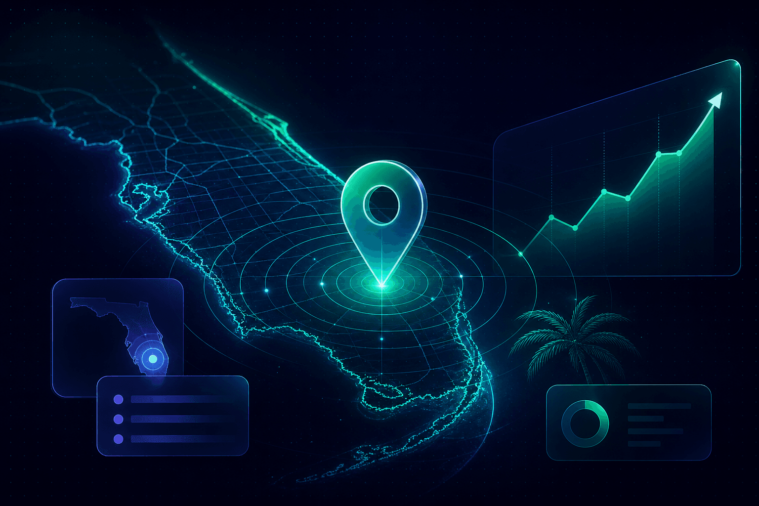 Illustration of local search signals — maps, service pages, and review flow for Florida businesses