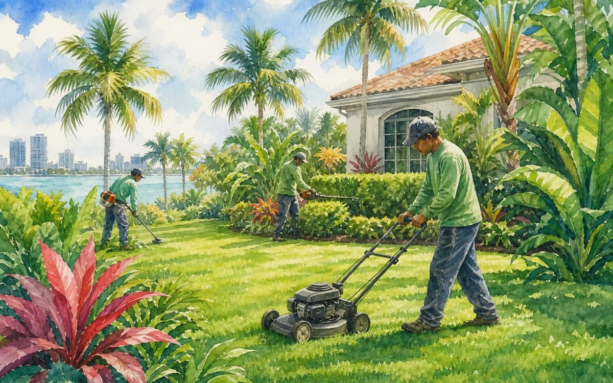 Professional landscaping crew maintaining South Florida property
