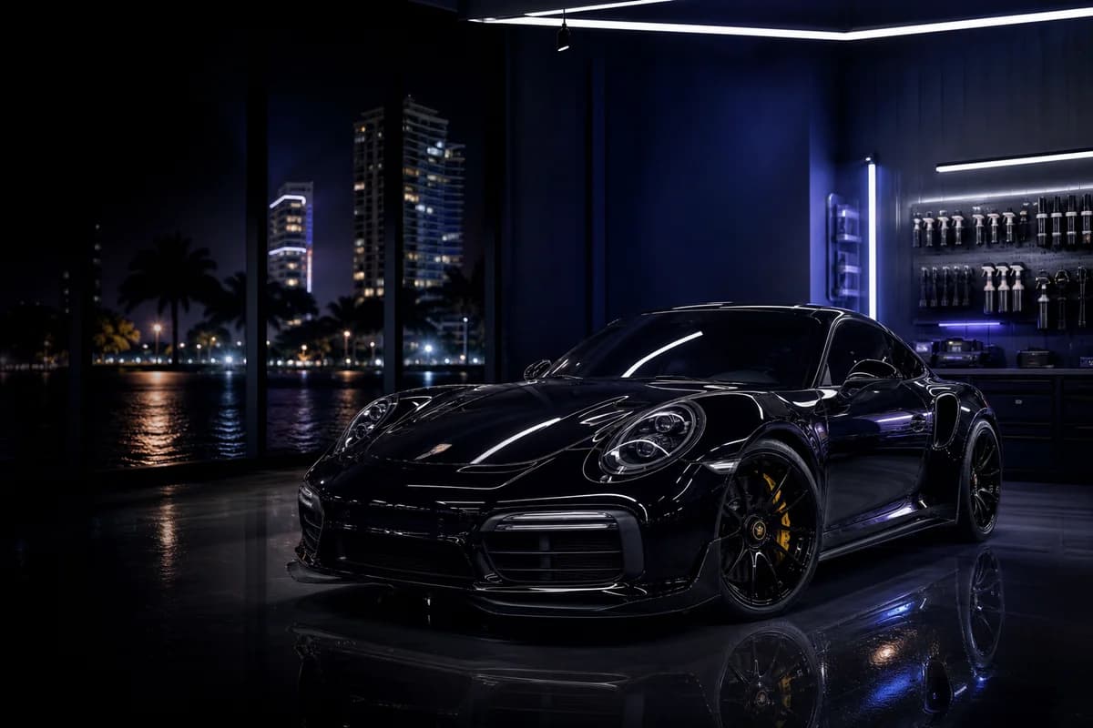 Editorial automotive protection concept: a dark sports car in a detailing studio