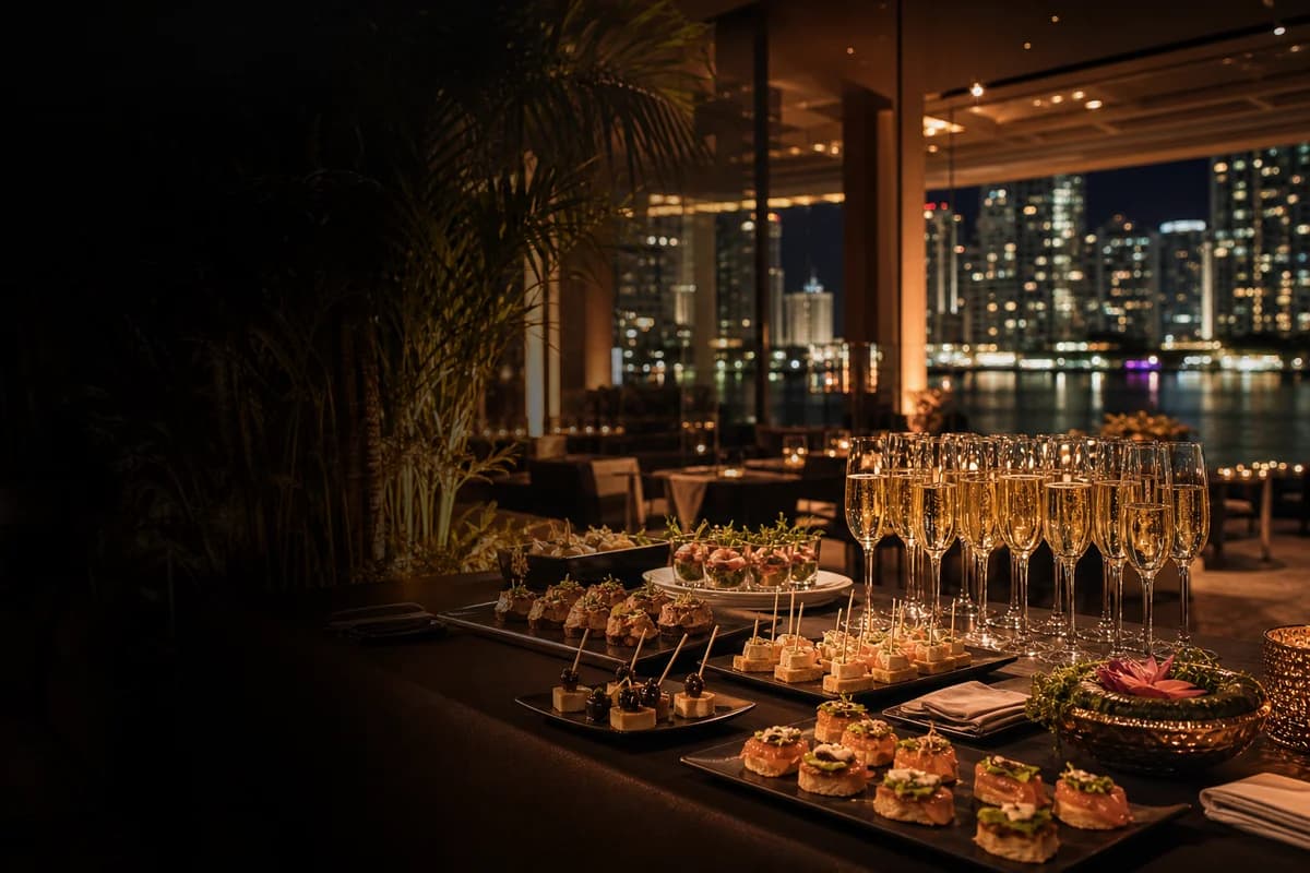 Editorial catering scene with plated appetizers and event service