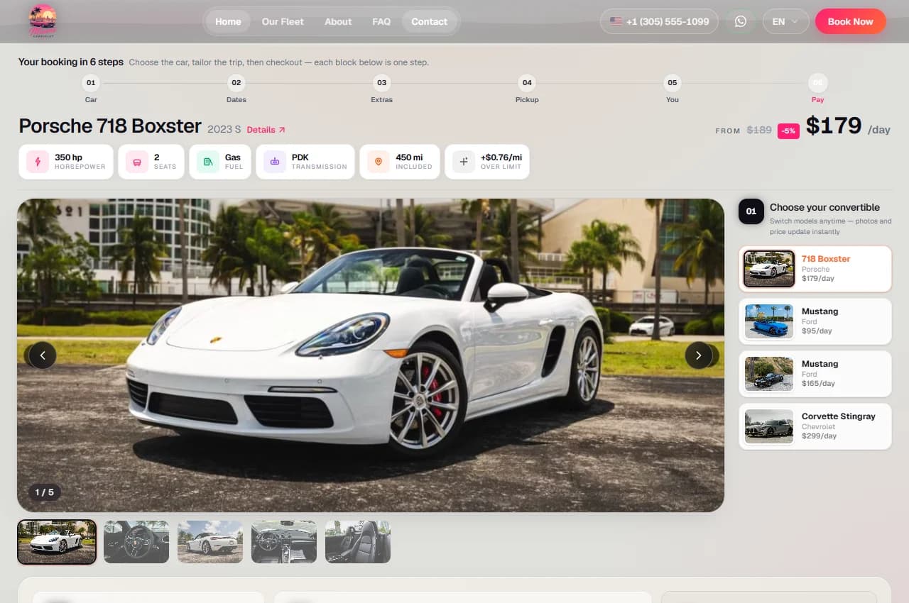 Выбор автомобиля и конфигуратор поездки Miami Cabriolet