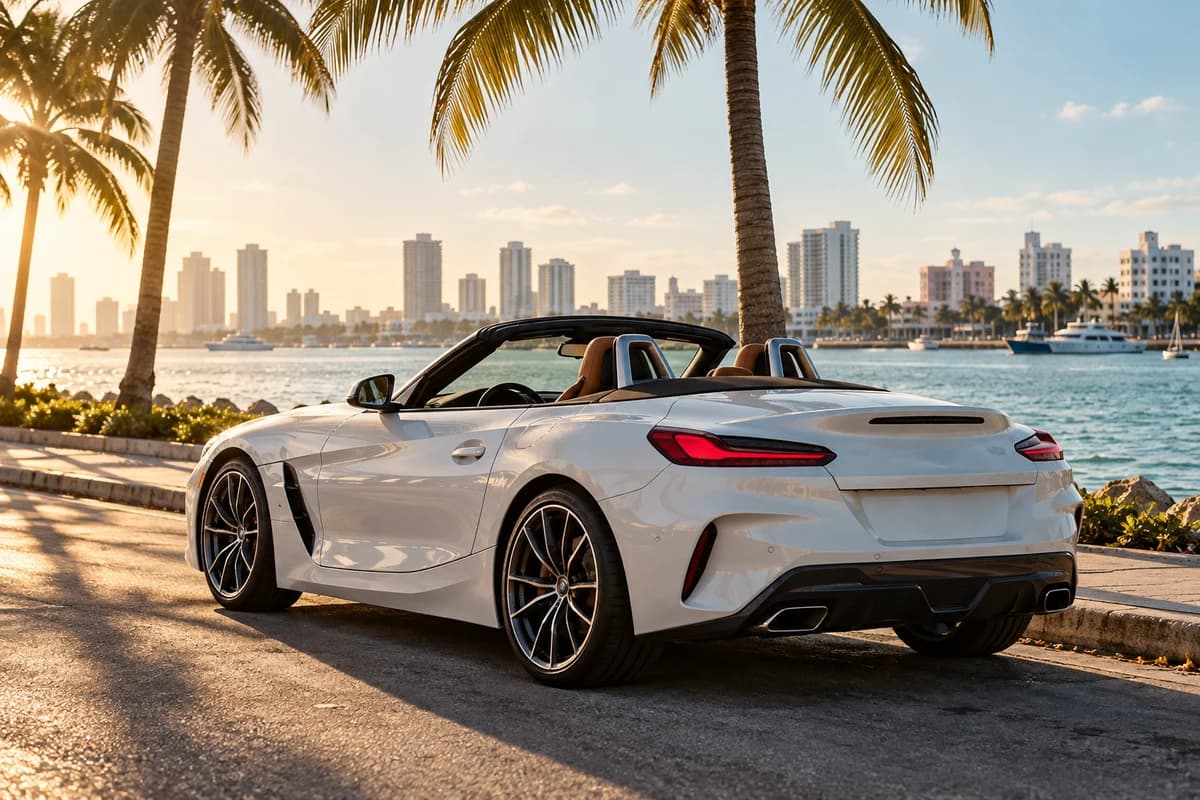 Редакционная иллюстрация Miami Cabriolet: белый кабриолет у набережной с пальмами