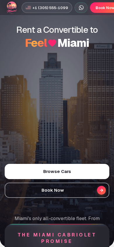 Miami Cabriolet mobile homepage layout