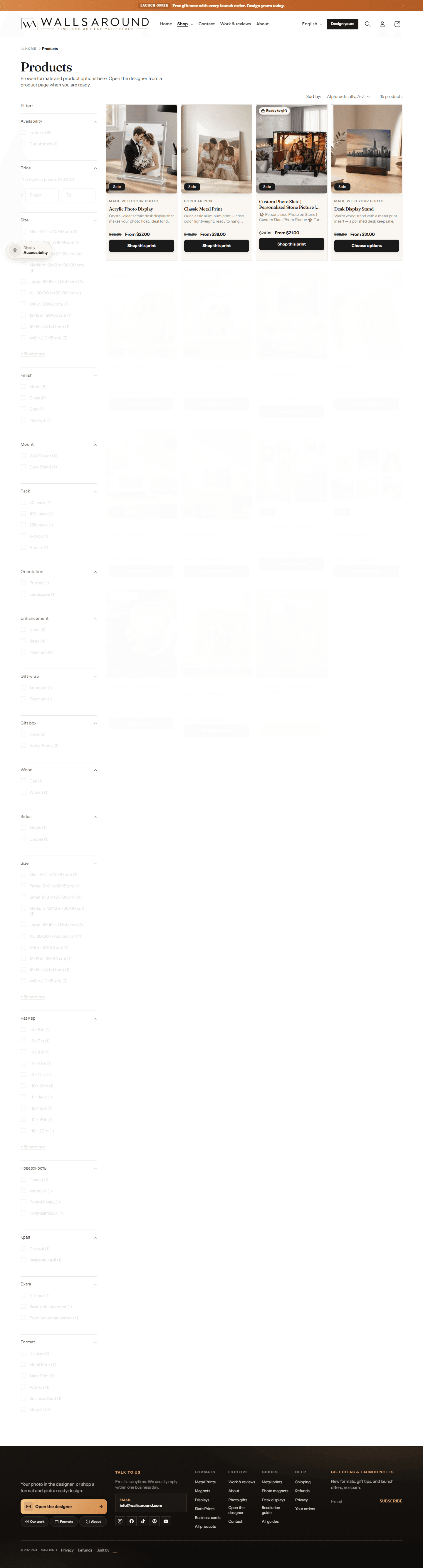 Walls Around product catalog with metal, slate, magnet, and gift formats