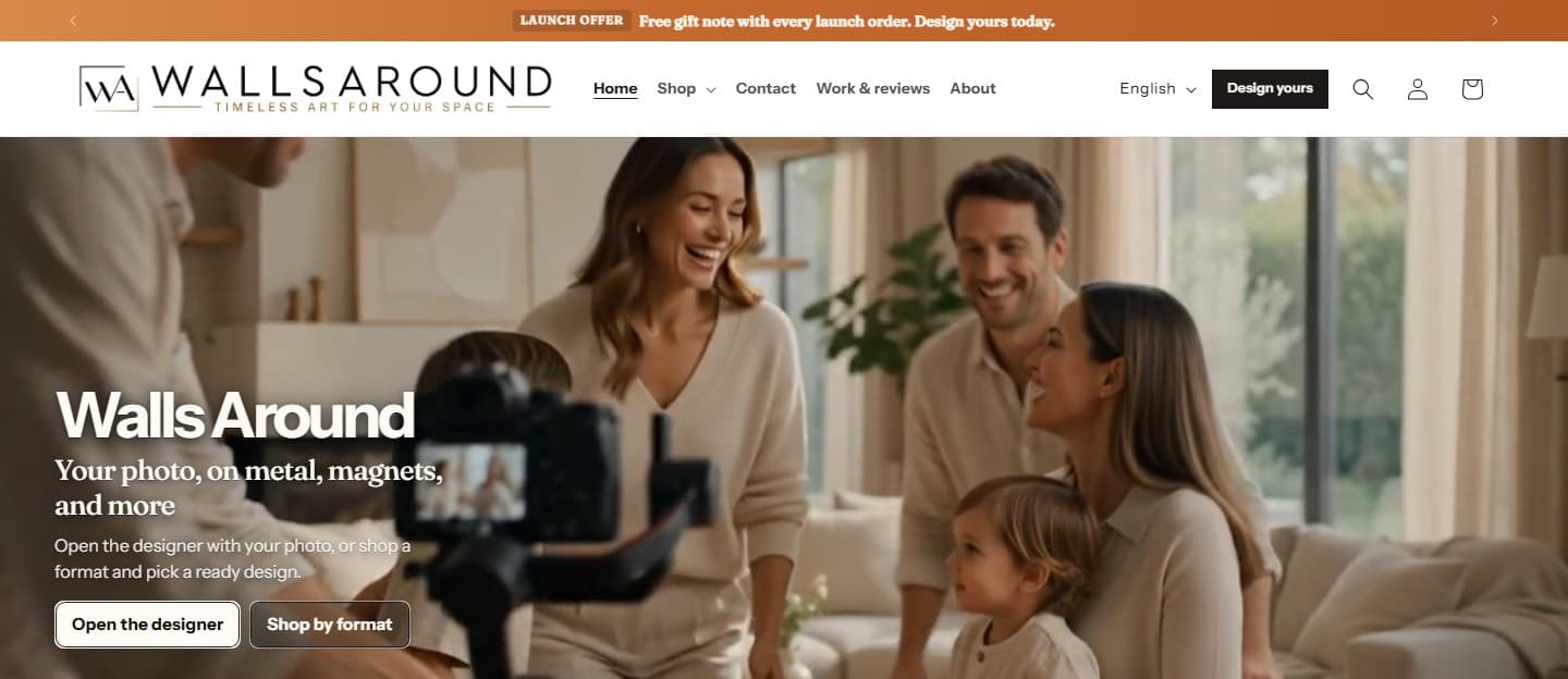 Walls Around homepage. Open the designer, or shop by format.