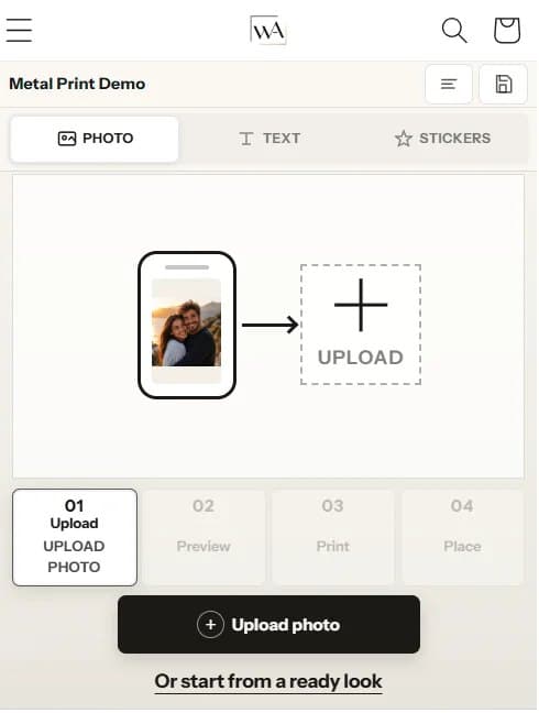 Photo designer on a phone. Upload a photo, then preview, print, and place.