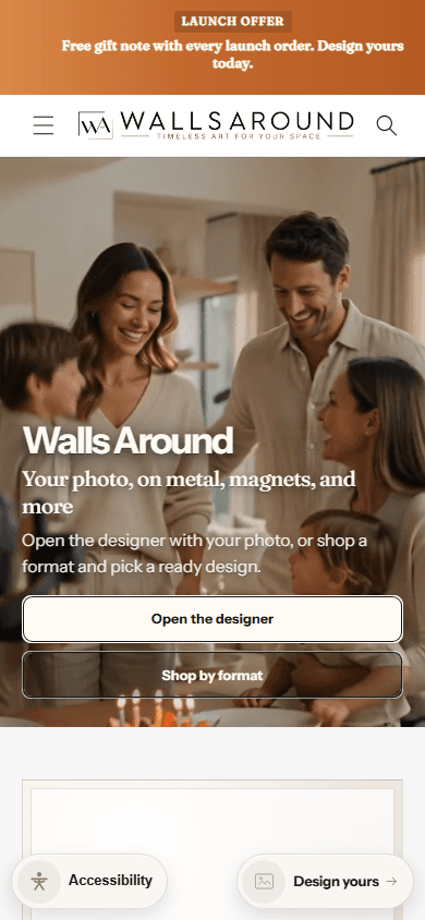 Walls Around mobile homepage with designer and shop-by-format CTAs