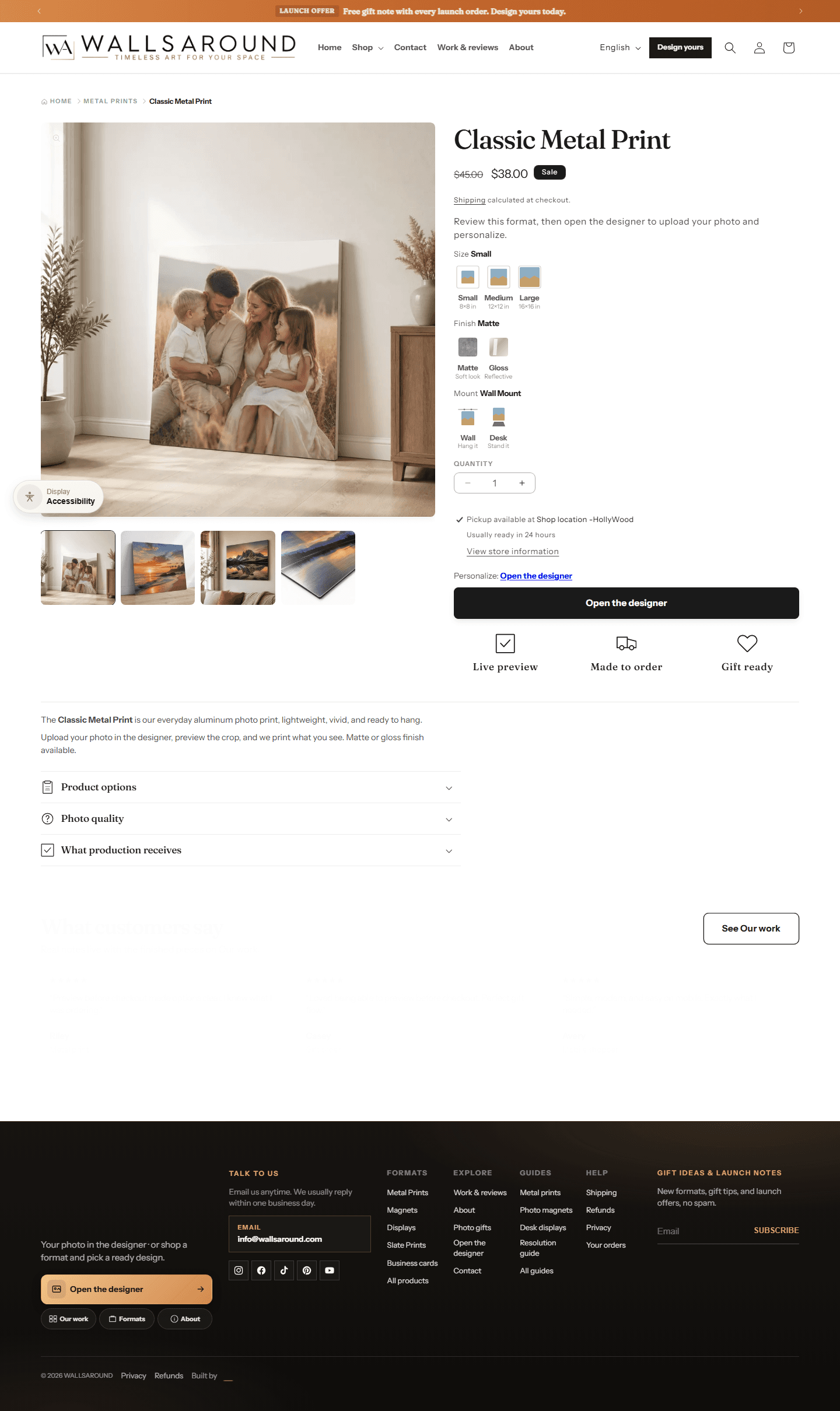 Classic Metal Print product page with size, finish, and designer CTA