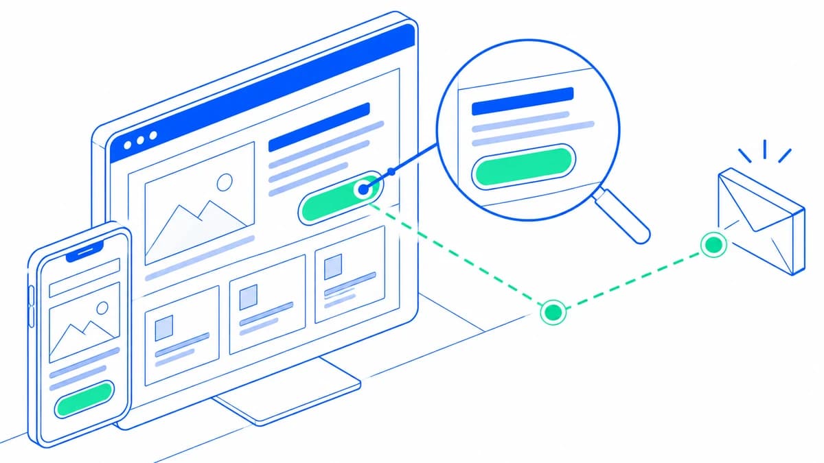 Blue line illustration of a desktop and mobile website with an inspected action button and enquiry path
