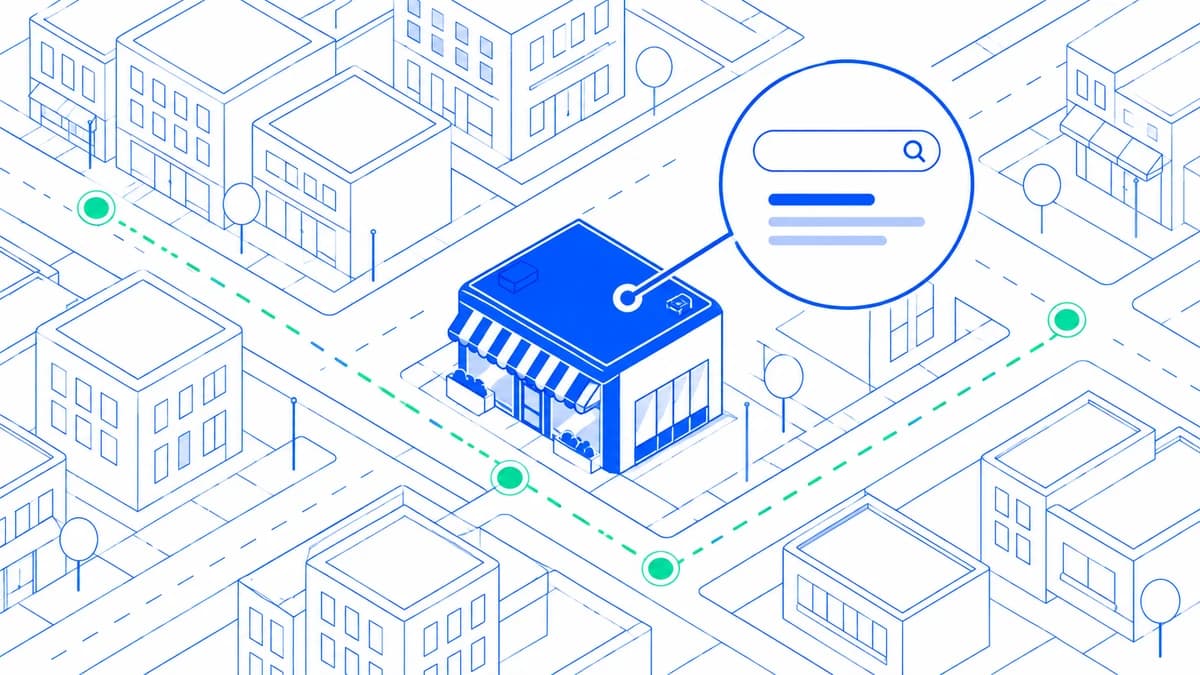 Blue line drawing of a local storefront, neighborhood streets, and a search result