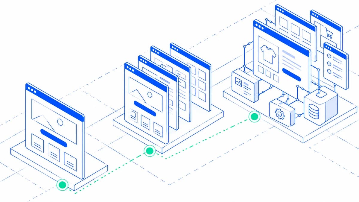 Blue line drawing of a landing page, multipage website, and connected commerce system