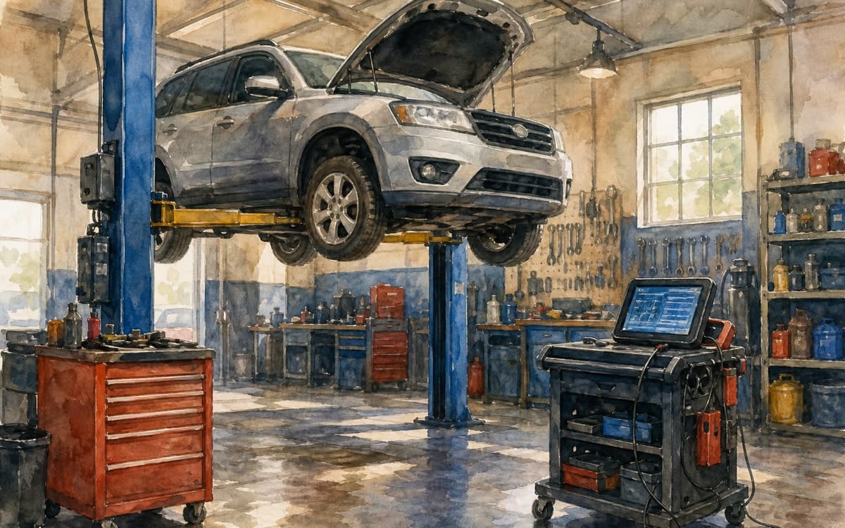 Mechanic servicing vehicle in professional auto repair bay