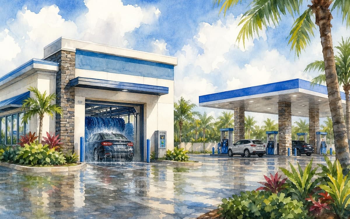 Modern express car wash facility at dusk