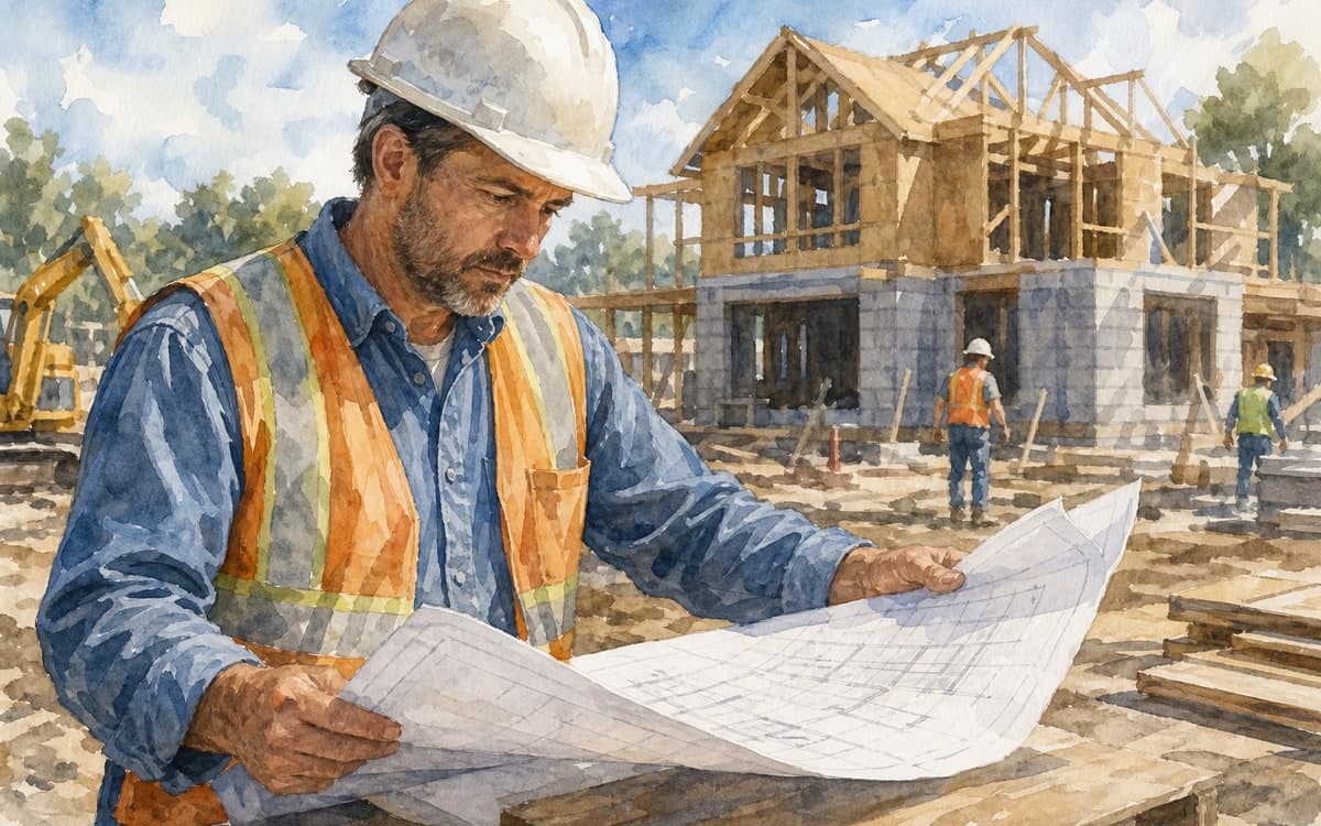General contractor reviewing plans at South Florida job site