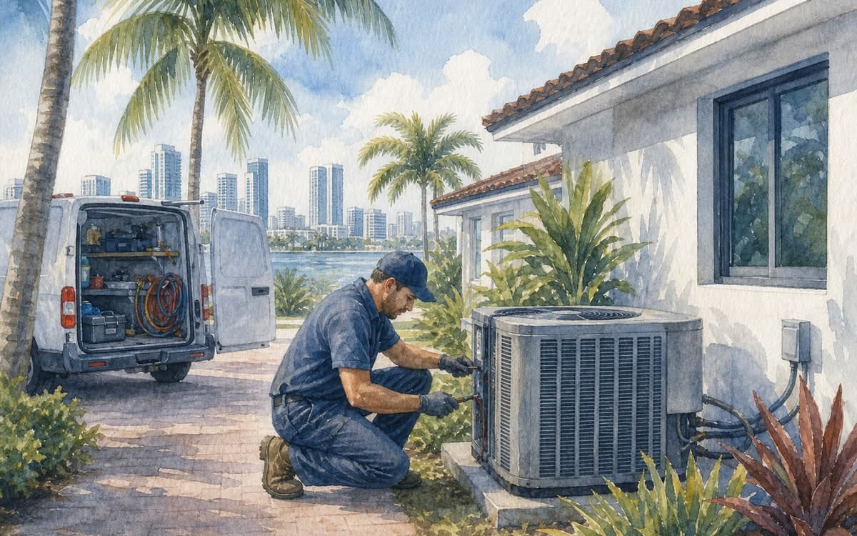 HVAC technician servicing home climate system in Miami
