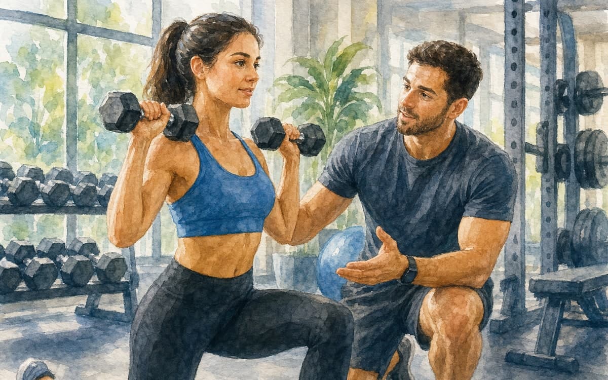 Personal trainer coaching client in studio