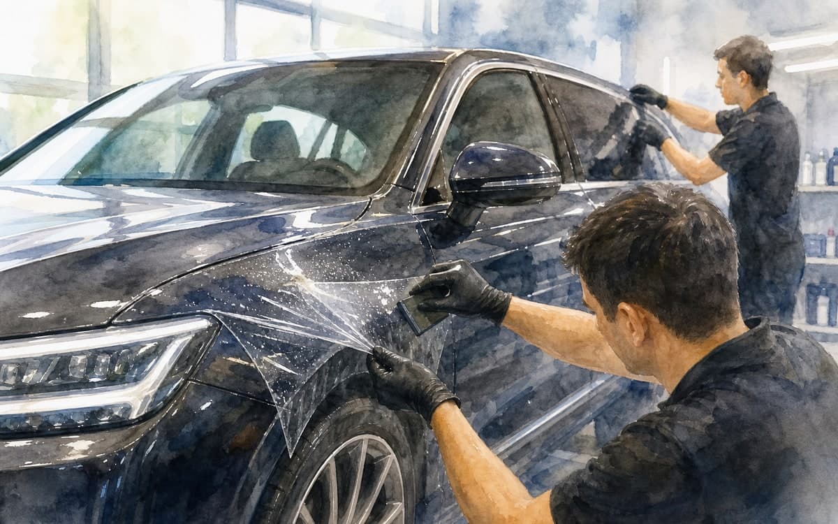 Luxury vehicle with paint protection film in studio lighting