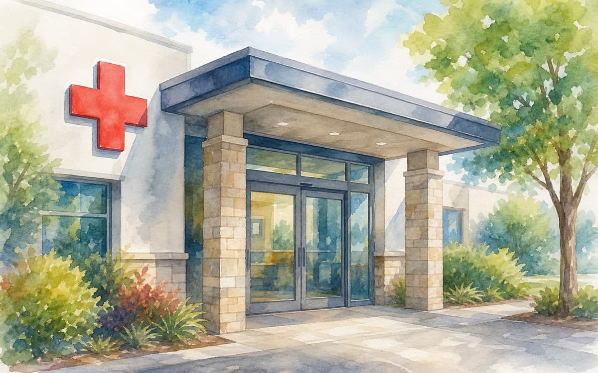 Urgent care clinic entrance with clear signage