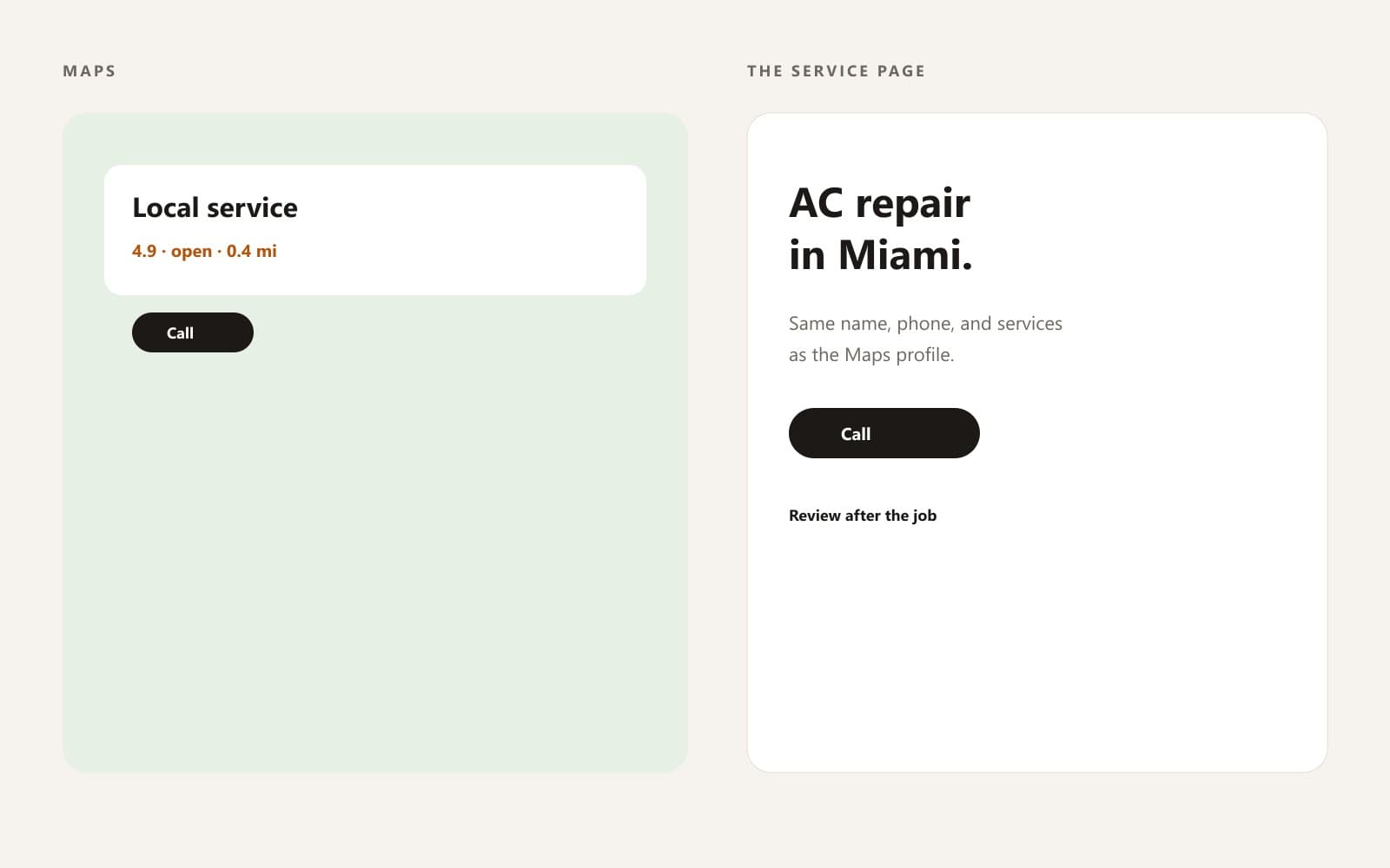 A Maps listing with a call button beside the matching service page.