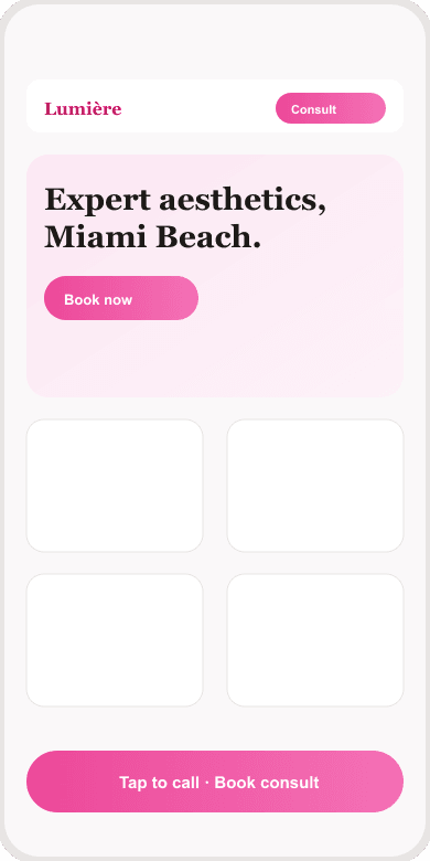 Mobile med spa homepage with consult booking path