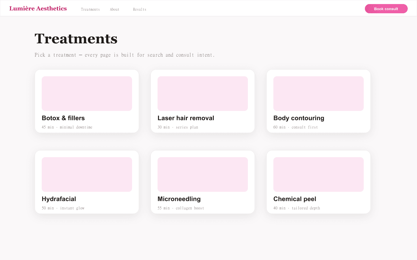 Med spa treatments hub with service cards