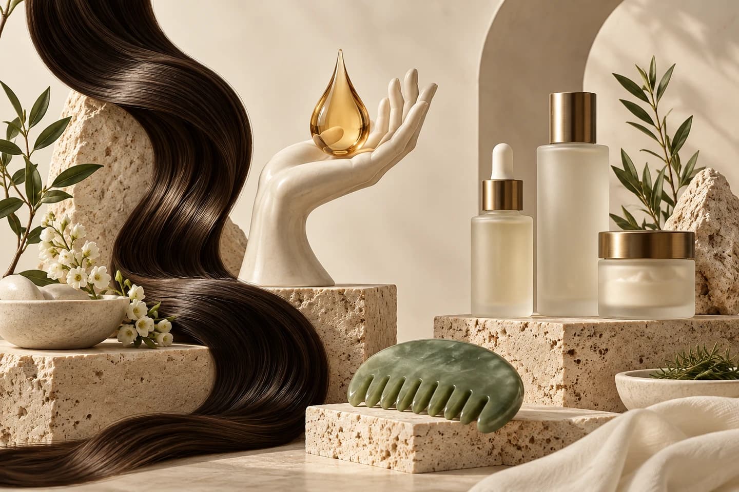 Concept still life of care, hair and skincare objects
