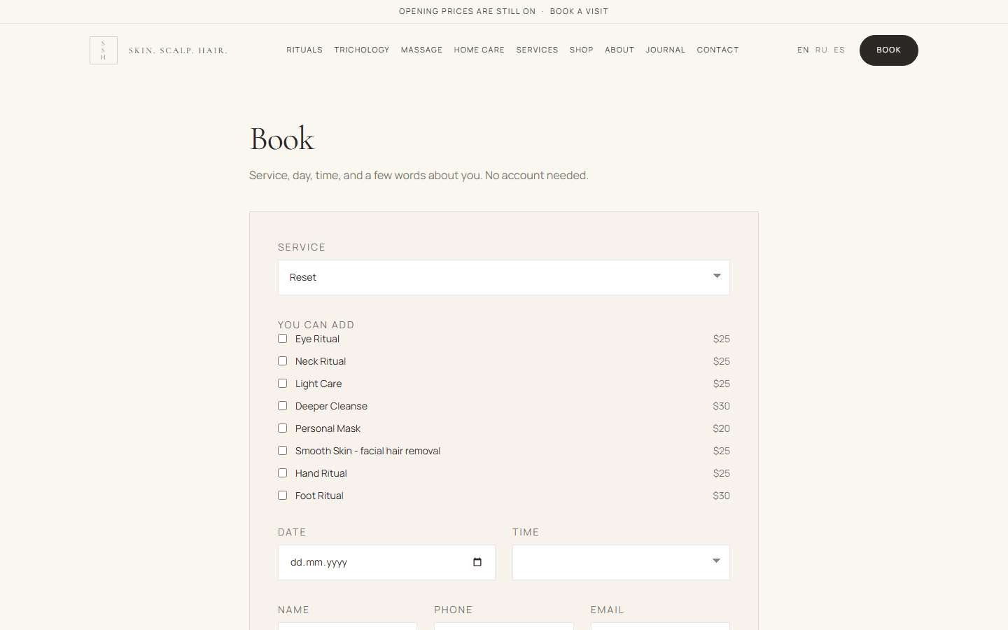 Booking page with ritual selection, add-ons, date, and time