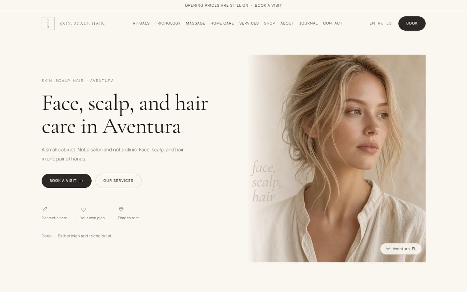 Skin. Scalp. Hair. case study cover: quiet Aventura cabinet website