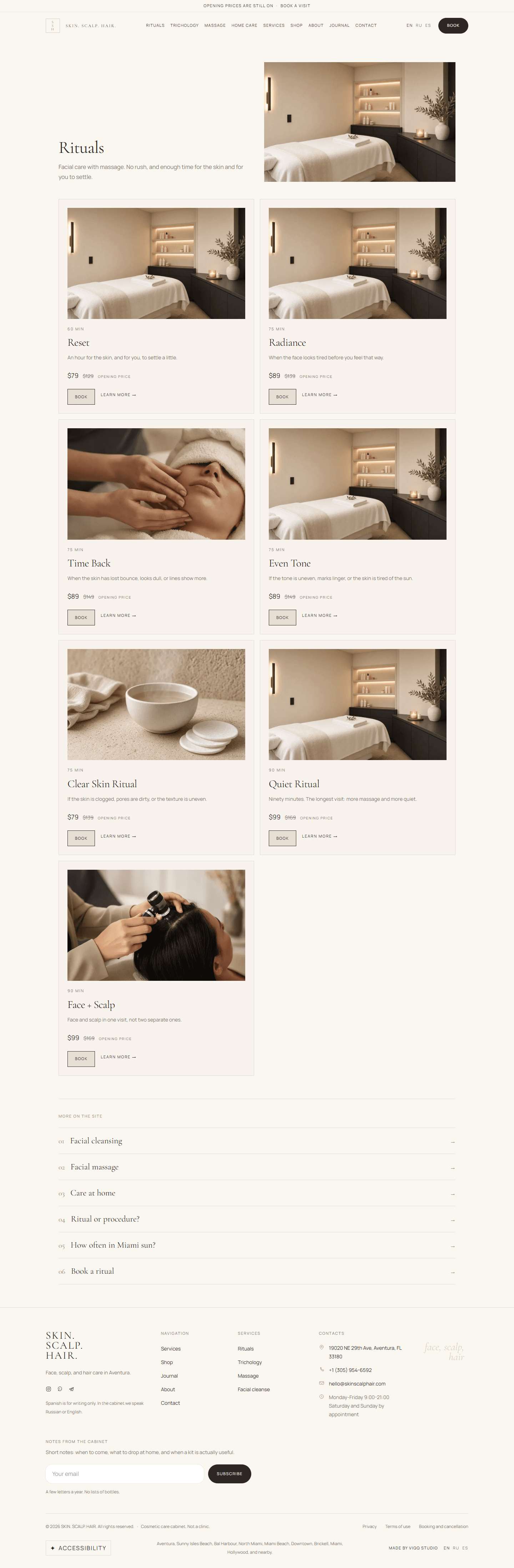 Rituals page with facial care visits and opening prices