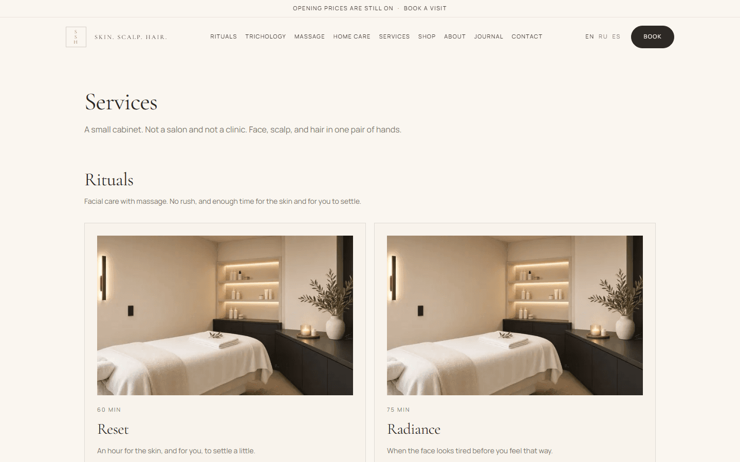 Skin. Scalp. Hair. services menu with rituals, cleanse, massage, and scalp care