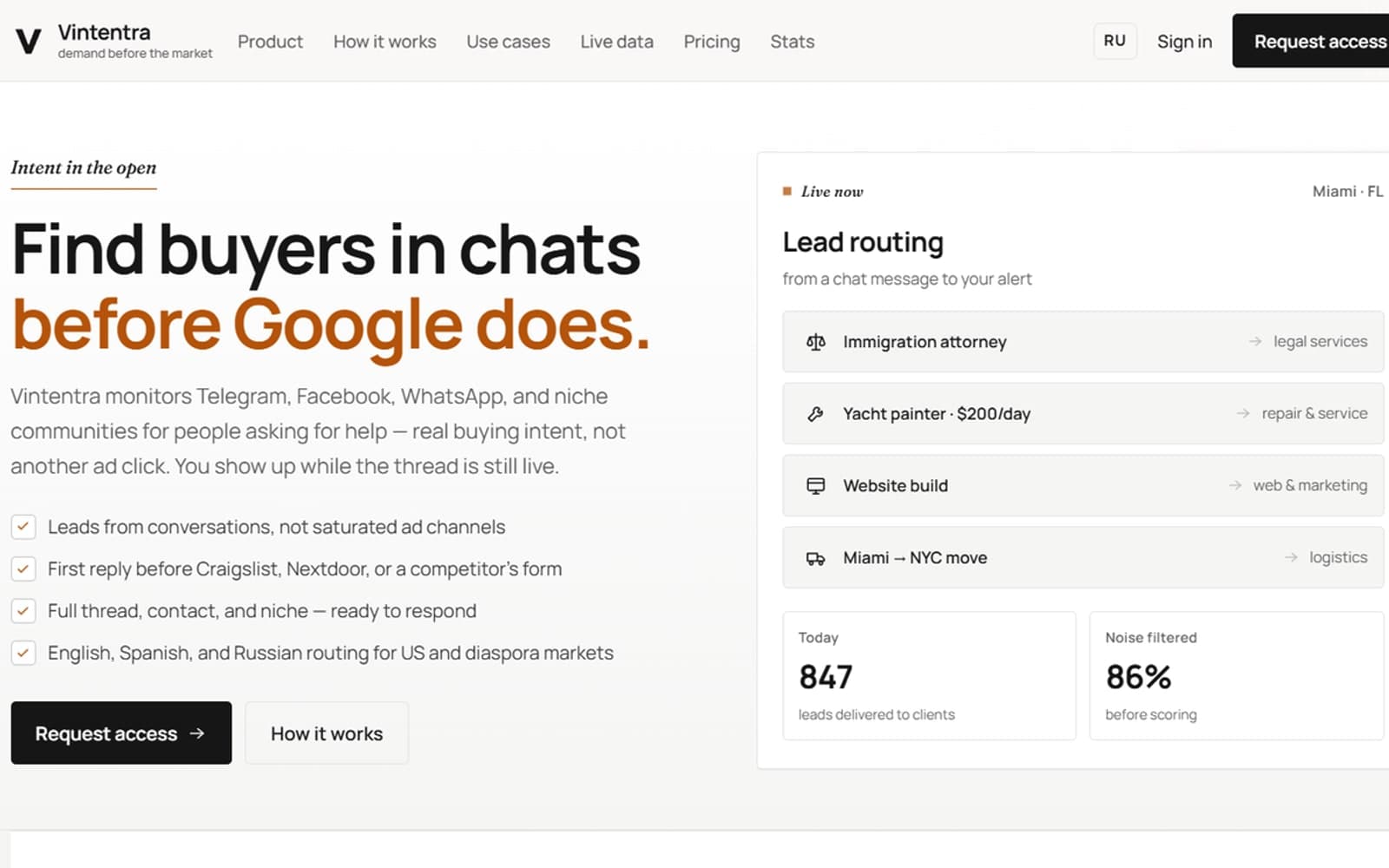Vintentra product site cover — find buyers in chats before Google does